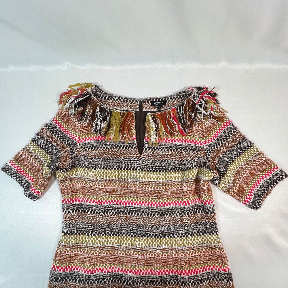 WORTH New York Southwestern Woven Tweed Sheath Dress Size 12 Fringe Accent Aztec